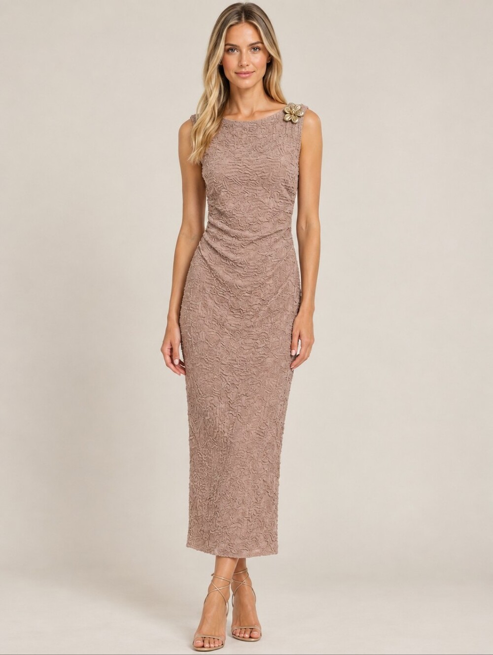 See You Monday NEW Gold Flower Pin Ruched L Textured Midi Maxi Dress Bodycon Tan
